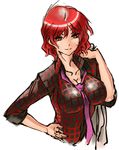  breasts cleavage hand_on_hip highres horikawa_raiko impossible_clothes impossible_shirt jacket large_breasts nameo_(judgemasterkou) necktie plaid plaid_shirt purple_neckwear red_eyes red_hair shirt short_hair solo touhou upper_body 