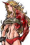  blonde_hair breasts cuffs highres horn hoshiguma_yuugi large_breasts multicolored multicolored_skin muscle nameo_(judgemasterkou) panties pointy_ears red_eyes red_panties red_skin sarashi shackles sketch solo steam touhou transformation two-tone_skin underboob underwear 