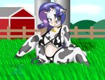  blue_eyes bovine breasts cattle cleavage clothed clothing cowbell dekomaru farm female friendship_is_magic grass hair hi_res looking_at_viewer mammal my_little_pony navel outside piercing purple_hair rarity_(mlp) shaded sky solo thick_thighs watermark 
