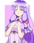  :o blush bow breasts closed_eyes eruichi_(redphantom) hair_bow hands_on_own_chest highres large_breasts long_hair no_hat no_headwear patchouli_knowledge purple_hair sidelocks solo touhou 