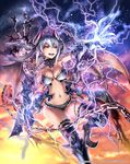  anbe_yoshirou armor armored_boots bikini_armor boots breasts chain cleavage gauntlets highres horns large_breasts long_hair navel open_mouth orange_eyes pointy_ears shinma_x_keishou!_ragnabreak silver_hair solo 