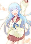  arm_up blue_eyes blue_hair blush happinesscharge_precure! long_hair open_mouth pikarigaoka_middle_school_uniform precure red_sailor_collar ribbon sailor_collar sakurai_toma school_uniform shirayuki_hime skirt solo 