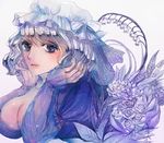  adapted_costume bad_id bad_pixiv_id blue_eyes bow breasts cleavage expressionless flower hat hat_bow highres juliet_sleeves large_breasts lavender_hair letty_whiterock long_sleeves looking_at_viewer mikazuki_yurayura mob_cap puffy_sleeves short_hair solo touhou 