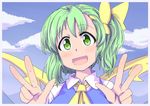  ascot blue_sky blush bow cloud cloudy_sky daiyousei day double_v eruichi_(redphantom) fairy_wings green_eyes green_hair hair_bow hair_ornament hairclip head_tilt open_mouth short_hair side_ponytail sky smile solo touhou v wings 