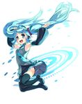  aqua_eyes aqua_hair armpits arms_up boots detached_sleeves floating_hair hatsune_miku highres jumping karpin long_hair necktie open_mouth skirt solo thigh_boots thighhighs twintails very_long_hair vocaloid 