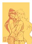  abs aoi_the_wild commentary_request couple happy imminent_kiss laughing long_hair monochrome multiple_girls muscle no_shirt pants ponytail pyrrha_nikos rwby toned track_pants very_long_hair yang_xiao_long yuri 