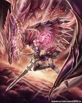  anbe_yoshirou armor armpits atmospheric_reentry breasts cleavage copyright_name dragon highres horns long_hair magic_circle medium_breasts official_art parted_lips pink_eyes red_hair shinma_x_keishou!_ragnabreak sword thighhighs weapon wings yellow_eyes 