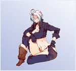  ahoge angel_(kof) boots breasts chaps cleavage cropped_jacket fingerless_gloves flame_print gloves large_breasts midriff navel short_hair sitting smile solo tachibana_nijou the_king_of_fighters white_hair zipper 