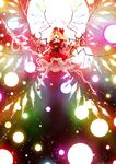  :d alternate_wings ascot belt blonde_hair bow crazy_eyes curly_hair danmaku dress electricity energy_ball fangs flandre_scarlet frilled_dress frills glowing glowing_weapon glowing_wings hair_bow hat highres holding laevatein looking_at_viewer mary_janes open_hand open_mouth orange_eyes outstretched_arm red_dress santa_hat shoes side_ponytail smile solo thighhighs touhou venomousblaze watermark weapon white_legwear wings 