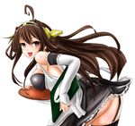  ahoge alternate_costume black_legwear blush breasts bridal_gauntlets brown_eyes brown_hair engetsu_rin enmaided garter_straps headgear highres kantai_collection kongou_(kantai_collection) large_breasts leaning_forward long_hair maid open_mouth solo thighhighs tray white_background 