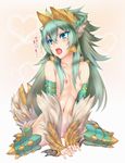  1girl blue_eyes capcom flat_chest green_hair horns monster_girl monster_hunter navel nipples nude personification solo tagme tail yui.h zinogre 
