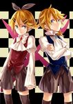  1girl absurdres blonde_hair blue_eyes bow brother_and_sister cravat crossed_arms fork formal hair_bow hair_ornament hairclip highres kagamine_len kagamine_rin knife kurenai907 okochama_sensou_(vocaloid) ponytail shorts siblings twins vest vocaloid 