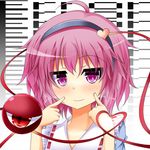  ahoge blouse finger_to_cheek hairband heart heart_of_string highres komeiji_satori light_smile looking_at_viewer md5_mismatch pink_eyes pink_hair short_hair solo text_focus third_eye touhou upper_body us2s white_background 