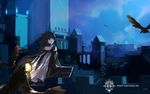  animal bird brown_eyes brown_hair building city clouds dress long_hair night pixiv_fantasia signed sky swd3e2 