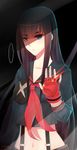  1girl against_glass black_hair blue_eyes eyebrows fingerless_gloves gloves highres hinagi_(fox_priest) kill_la_kill kiryuuin_satsuki long_hair midriff navel school_uniform senketsu serafuku single_glove suspenders thick_eyebrows 