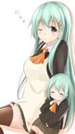  2girls apron black_eyes blush brown_legwear closed_eyes commentary_request finger_to_mouth green_hair hair_ornament hairclip highres if_they_mated kantai_collection long_hair mother_and_daughter multiple_girls older one_eye_closed saku_(kudrove) suzuya_(kantai_collection) tears thighhighs younger 