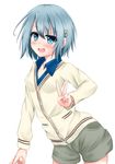  bad_id bad_pixiv_id blue_eyes blue_hair cardigan casual hair_ornament hairclip highres mahou_shoujo_madoka_magica miki_sayaka shiina_kuro short_hair shorts simple_background solo v white_background 