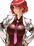  blush breasts hands_on_hips highres horikawa_raiko impossible_clothes impossible_shirt jacket large_breasts nameo_(judgemasterkou) necktie plaid plaid_shirt purple_neckwear red_eyes red_hair shirt short_hair solo touhou 