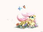  butterfly cutie_mark equine female flower fluttershy_(mlp) friendship_is_magic fur grass green_eyes hair horse insect long_hair mammal mlpanon my_little_pony open_mouth pegasus pink_hair plain_background pony theformlpganon white_background wings yellow_fur 