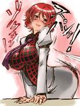  bent_over blush breasts highres horikawa_raiko impossible_clothes impossible_shirt large_breasts nameo_(judgemasterkou) necktie plaid plaid_shirt purple_neckwear red_eyes red_hair shirt short_hair smile solo spanking touhou 