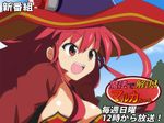  breasts cleavage cosmic_break hat malca medium_breasts red_eyes red_hair smile solo translation_request witch witch_hat 