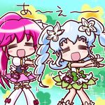  =_= aino_megumi blue_hair blush_stickers braid chibi cure_lovely cure_princess dancing flower hair_flower hair_ornament happinesscharge_precure! hula ikkyuu long_hair macadamia_hula_dance magical_girl multiple_girls open_mouth precure shirayuki_hime smile thighhighs twin_braids vest wide_ponytail zettai_ryouiki 