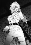  absurdres amputee bang-you belt blood crazy_eyes crest cuts evil_grin evil_smile false_arm false_limb gloves greyscale grin hair_over_one_eye hellsing highres injury miniskirt monochrome no_bra non-web_source pencil_skirt seras_victoria short_hair skirt smile solo thighhighs torn_clothes uniform vampire 