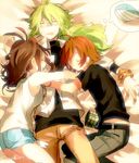  2boys ahoge bad_id bad_pixiv_id bangle bracelet brown_hair closed_eyes denim denim_shorts dreaming gen_3_pokemon green_hair high_ponytail hug jacket jewelry long_hair lying multiple_boys n_(pokemon) naru_(andante) no_hat no_headwear on_bed pokemon pokemon_(creature) pokemon_(game) pokemon_bw sandwiched shirt short_hair shorts sleeping sleeveless sleeveless_shirt thought_bubble touko_(pokemon) touya_(pokemon) wailord 