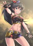  aqua_eyes black_hair blurry bokeh depth_of_field don_michael fingerless_gloves ganaha_hibiki gloves grin hair_ribbon idolmaster idolmaster_(classic) long_hair navel outstretched_arm ponytail ribbon short_shorts shorts smile solo strapless tubetop 