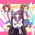  absurdres angel_beats! beret brown_eyes brown_hair chair crossed_arms green_eyes hat highres hisako_(angel_beats!) iwasawa long_hair multiple_girls ponytail purple_hair red_eyes red_hair school_uniform serafuku shinda_sekai_sensen_uniform short_hair sitting sleeves_rolled_up thighhighs yuri_(angel_beats!) yuzuki_karin 