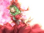  bow corset dress frilled_dress frills green_eyes green_hair hair_bow hair_ribbon kagiyama_hina kouho_(matya03) long_hair looking_at_viewer nail_polish open_mouth red_dress ribbon solo touhou wrist_cuffs 