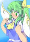  ascot blush bow daiyousei embarrassed eruichi_(redphantom) fairy_wings green_eyes green_hair hair_bow hair_twirling short_hair side_ponytail solo touhou wings 