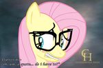  blue_eyes blush caramelpony english_text equine eyewear female fluttershy_(mlp) friendship_is_magic glasses hair horse looking_away mammal my_little_pony nervous pink_hair pony quote solo text video_games year_book 