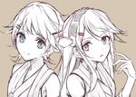  bare_shoulders berukko blue_eyes brown_eyes hair_ornament hairband hairclip haruna_(kantai_collection) hiei_(kantai_collection) kantai_collection long_hair monochrome multiple_girls no_headwear open_mouth short_hair smile spot_color upper_body 