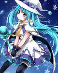  aqua_hair cape fingerless_gloves gloves green_eyes hair_ribbon hat hatsune_miku highres itouri long_hair pantyhose ribbon skirt snowflakes solo suki!_yuki!_maji_magic_(vocaloid) twintails very_long_hair vocaloid wand witch_hat yuki_miku 