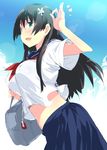  black_hair blue_eyes blush breasts covered_nipples flower green_eyes hair_flower hair_ornament large_breasts long_hair midriff navel petenshi_(dr._vermilion) sakugawa_school_uniform saten_ruiko school_uniform serafuku sketch skirt smile solo to_aru_kagaku_no_railgun to_aru_majutsu_no_index 