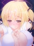  1girl blonde_hair breasts censored cum cum_on_body cum_on_breasts cum_on_upper_body hair_ribbon hetero large_breasts onsen_tamago_(nurumayu_onsen) paizuri penis personification ponytail ribbon smile solo_focus touhou touhou_(pc-98) yellow_eyes yuugenmagan 