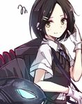  backpack bag berukko black_hair blue_ribbon dress_shirt gloves hair_ornament hairclip kantai_collection kuroshio_(kantai_collection) looking_at_viewer neck_ribbon ribbon shirt short_hair skirt smile solo squiggle upper_body vest white_gloves yellow_eyes 