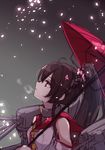  bare_shoulders berukko brown_eyes brown_hair cannon hair_ribbon kantai_collection long_hair looking_up oriental_umbrella ponytail red_umbrella ribbon solo umbrella upper_body yamato_(kantai_collection) 