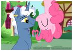  building couple duo equine eyes_closed female flower friendship_is_magic gold gray_hat grey_hair hair horn horse house male mammal my_little_pony nose_kiss outside piercing pink_hair pinkie_pie_(mlp) pokey_pierce_(mlp) pony sky thephoebster tree two_tone_hair unicorn upside_down white_hair yellow_eyes 