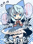  arms_behind_back bad_id bad_pixiv_id bloomers blue_dress blue_eyes blue_hair blush_stickers bow cirno dress flying_sweatdrops hair_bow halftone halftone_background highres ice ice_wings looking_at_viewer open_mouth shunsuke solo speech_bubble standing touhou translated underwear upskirt wings 