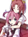  ^_^ berukko blue_eyes brown_hair closed_eyes dress_shirt gloves hair_ribbon hug hug_from_behind kagerou_(kantai_collection) kantai_collection long_hair multiple_girls pink_eyes pointy_ears ribbon school_uniform shiranui_(kantai_collection) shirt short_sleeves spoon spoon_in_mouth twintails upper_body vest white_gloves 