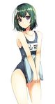  green_hair kickboard looking_at_viewer name_tag original purple_eyes school_uniform short_hair solo unasaka_ryou white_background 