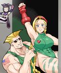  1girl abs ahoge american_flag arm_up armpits bad_id bad_pixiv_id beret blue_eyes braid breasts cameo cammy_white clenched_hand doboshiru fingerless_gloves gloves green_leotard guile han_juri hat huge_ahoge large_breasts leotard leotard_pull long_hair manatsu_no_yo_no_inmu muscle raised_fist scar street_fighter sunglasses tattoo twin_braids very_long_hair 