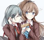  aqua_hair ascot berukko blazer blue_eyes blush brown_hair closed_eyes crepe dress_shirt food food_wrapper hair_ornament hairclip jacket kantai_collection kumano_(kantai_collection) multiple_girls open_mouth plaid pocky ponytail shirt suzuya_(kantai_collection) upper_body 