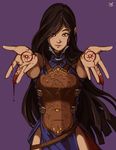  armor bangs black_hair blood bodypaint breastplate castlevania castlevania:_order_of_ecclesia joakim_sandberg long_hair looking_at_viewer outstretched_arms parted_bangs shanoa solo very_long_hair 