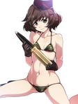  akiyama_yukari ban bikini blush breasts brown_eyes brown_hair camouflage camouflage_bikini garrison_cap girls_und_panzer gloves hat highres looking_at_viewer navel short_hair simple_background small_breasts smile solo swimsuit tank_shell white_background 