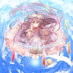  3000_xiao_chun absurdres bird blue_sky book bow capelet cloud coat crescent crystal dress feathers grimoire hat highres long_hair looking_at_viewer magic_circle open_clothes open_coat patchouli_knowledge purple_eyes purple_hair sky solo striped striped_dress touhou very_long_hair water waves 
