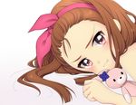  brown_hair hairband idolmaster idolmaster_(classic) long_hair lying masato_ayame minase_iori pout purple_eyes solo stuffed_animal stuffed_bunny stuffed_toy tears 