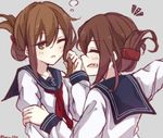  ^_^ alternate_hair_length alternate_hairstyle berukko brown_eyes brown_hair closed_eyes fang folded_ponytail ikazuchi_(kantai_collection) inazuma_(kantai_collection) kantai_collection long_hair long_sleeves multiple_girls neckerchief one_eye_closed open_mouth red_neckwear school_uniform serafuku sleepy smile 